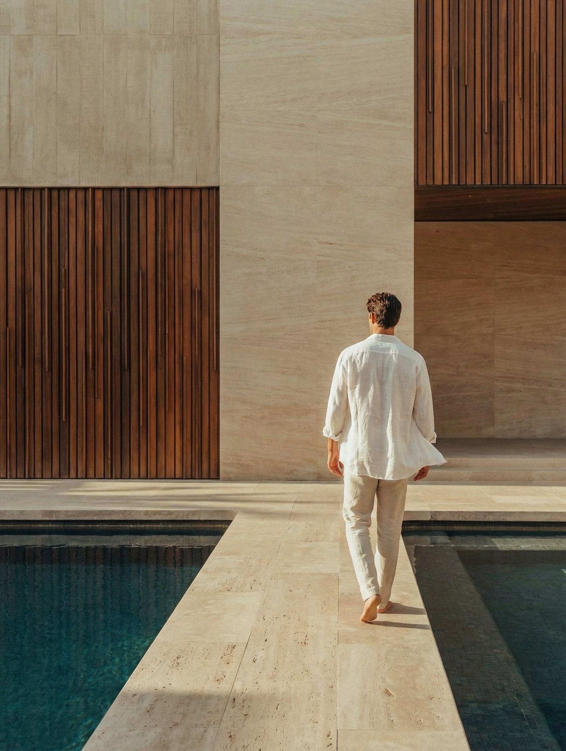 Man in a white shirt walking beside a pool towards a timber wall