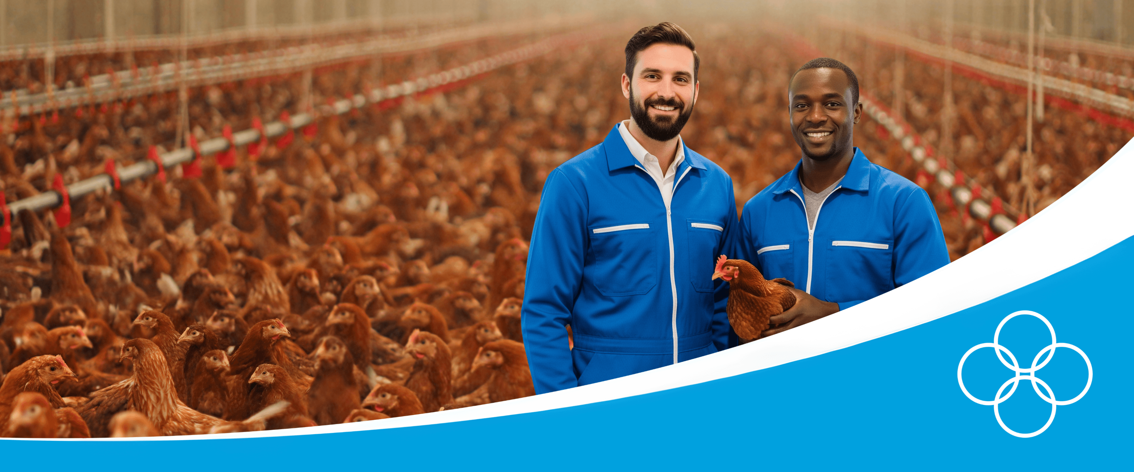 Poultry farm with two champrix people wearing blue overall and one farmer smiling and holding a chicken and the other one is a champrix advisor