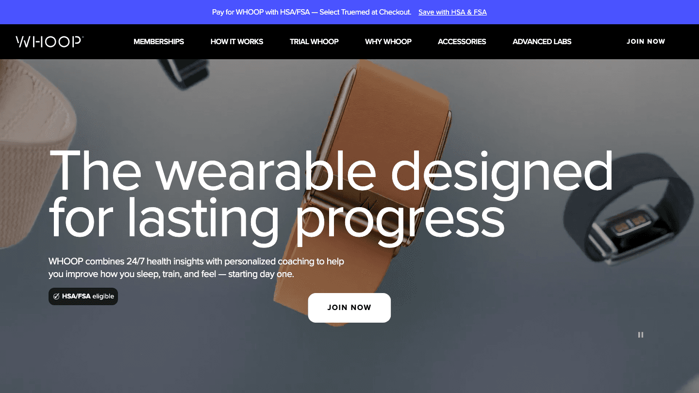 WHOOP wearable device homepage