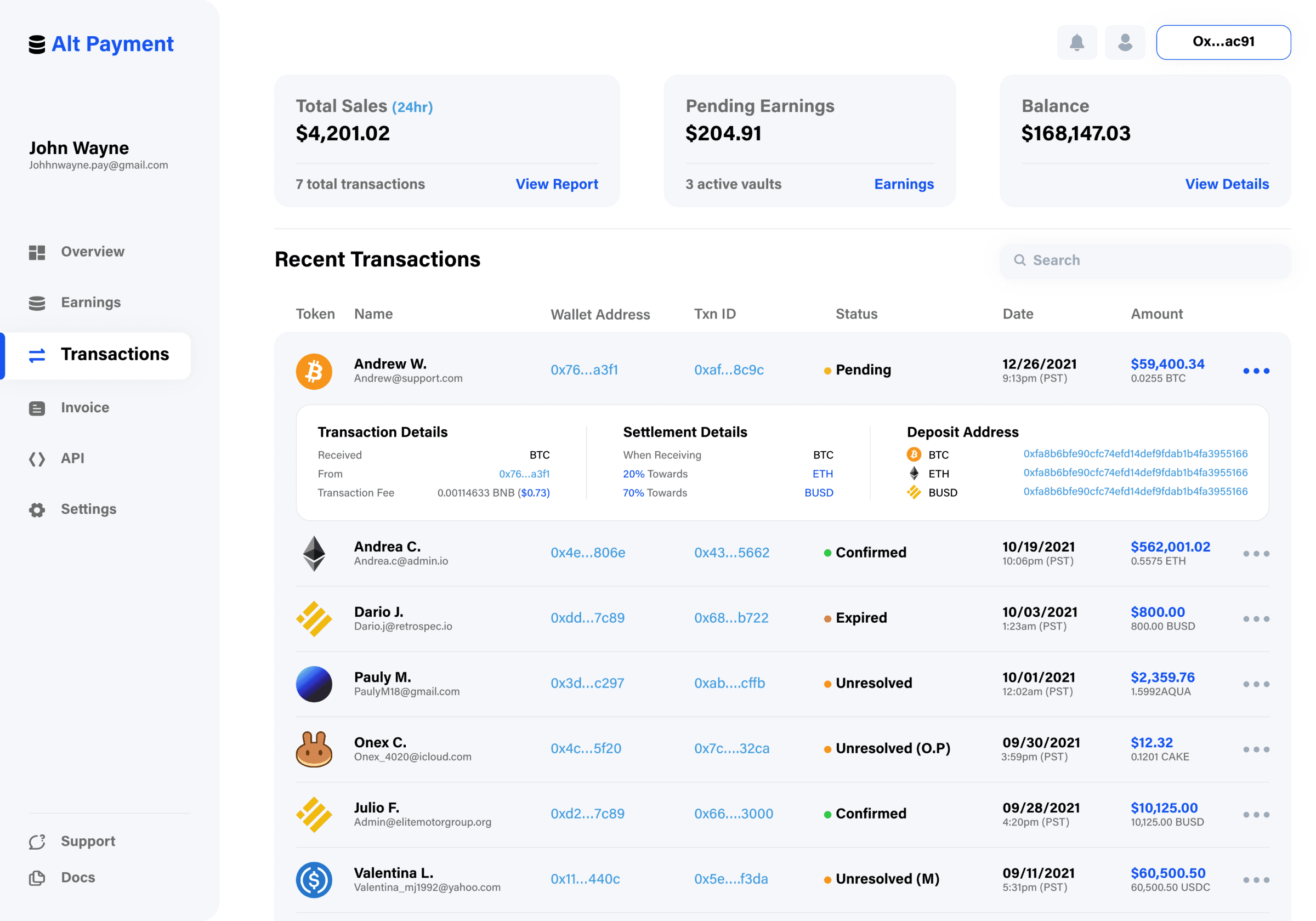 The transaction details screen within the Alt Payment platform provides an in-depth view of specific transaction data. It displays various transaction details, including the token received (e.g., BTC, ETH, USD, USDT, BUSD, CAKE), the wallet address associated with the payment, transaction fees, and settlement specifics. This includes a breakdown of the received amounts in different tokens, such as BTC, ETH, USD, USDT, BUSD, CAKE, with percentages (e.g., 20% in BTC, ETH, USD, USDT, BUSD, CAKE, and 70% in BTC, ETH, USD, USDT, BUSD, CAKE). Additionally, the screen reveals the deposit address and the network to which the transaction is being sent. This detailed interface empowers users with comprehensive insights into transactional activities, fostering transparency and control within the Alt Payment platform.