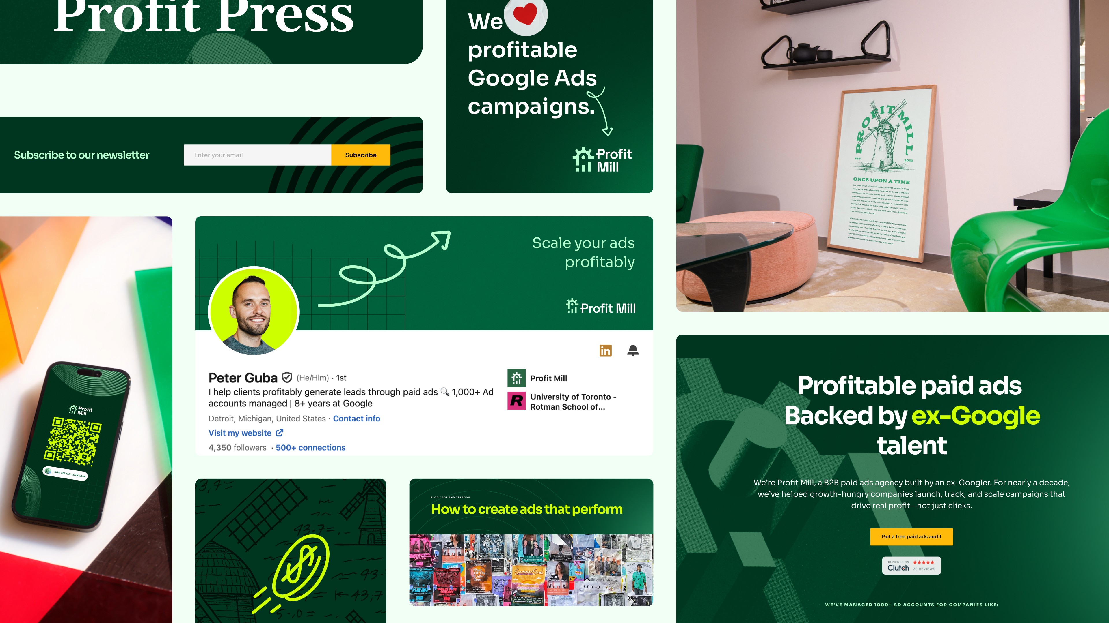 A grid of different pieces of Profit Mill artwork