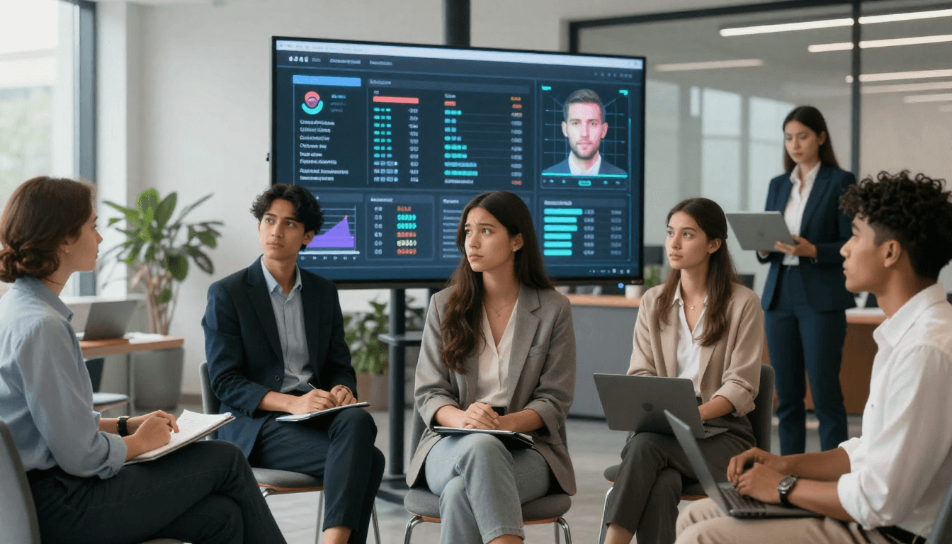 corporate hiring scene showing a diverse group of young professionals