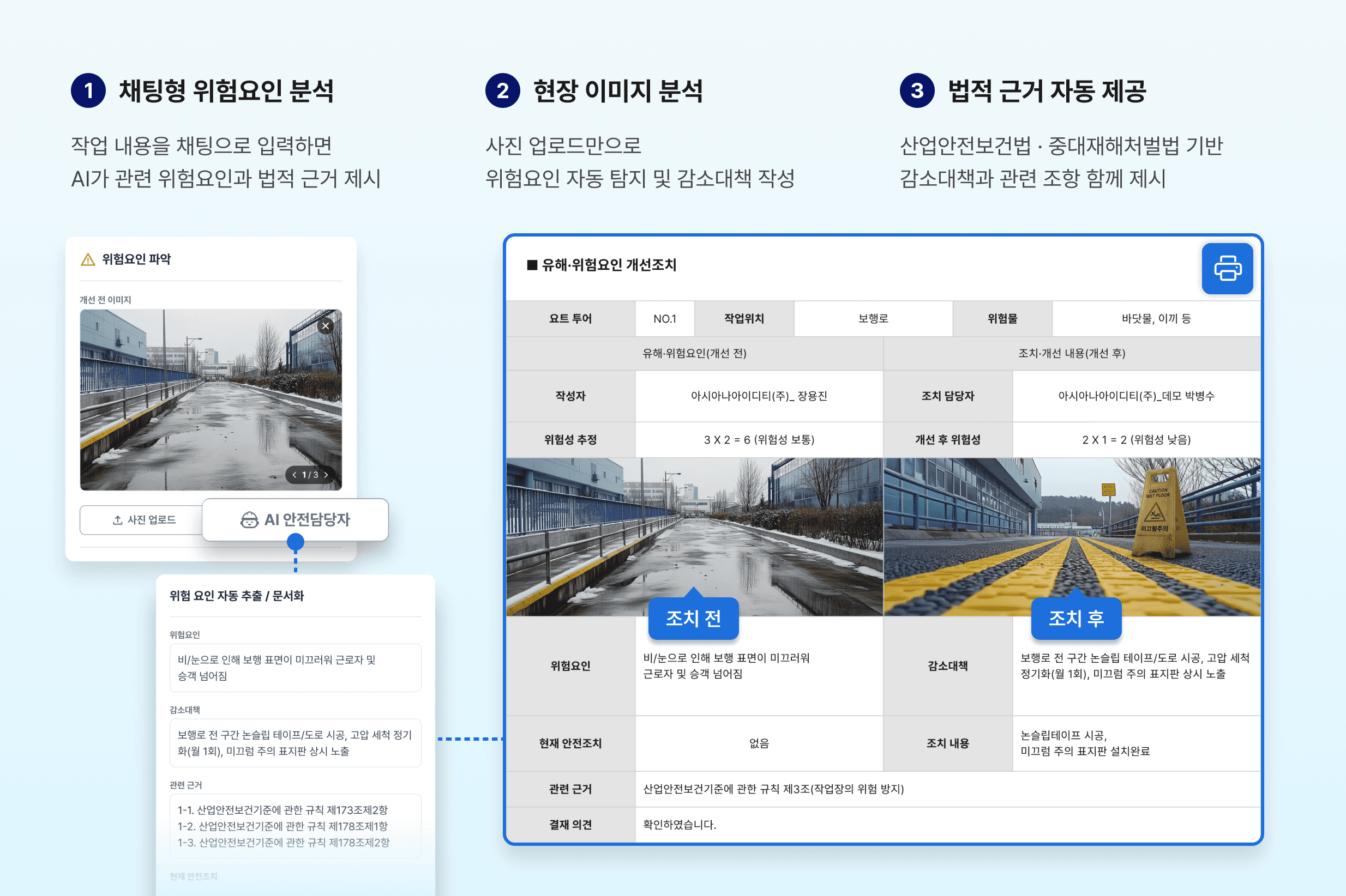 플랜투두 내에서 감소대책 수립 후 현장 위험 상황이 조치 전후로 나타나는 예시.