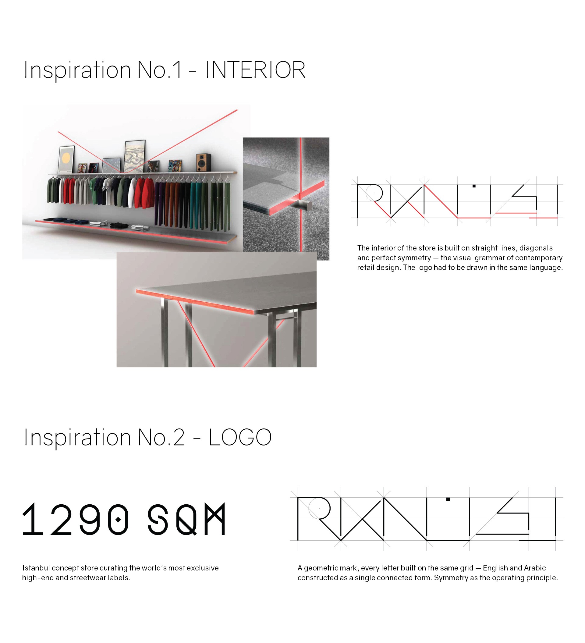 RKN's design rationale: store interior shots with highlighted architectural lines, beside the geometric logo drawn from the same straight-line, diagonal grid.