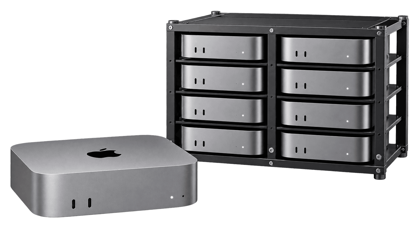 A silver Mac mini connected by orange light trails to a rack of eight Apple Silicon machines.