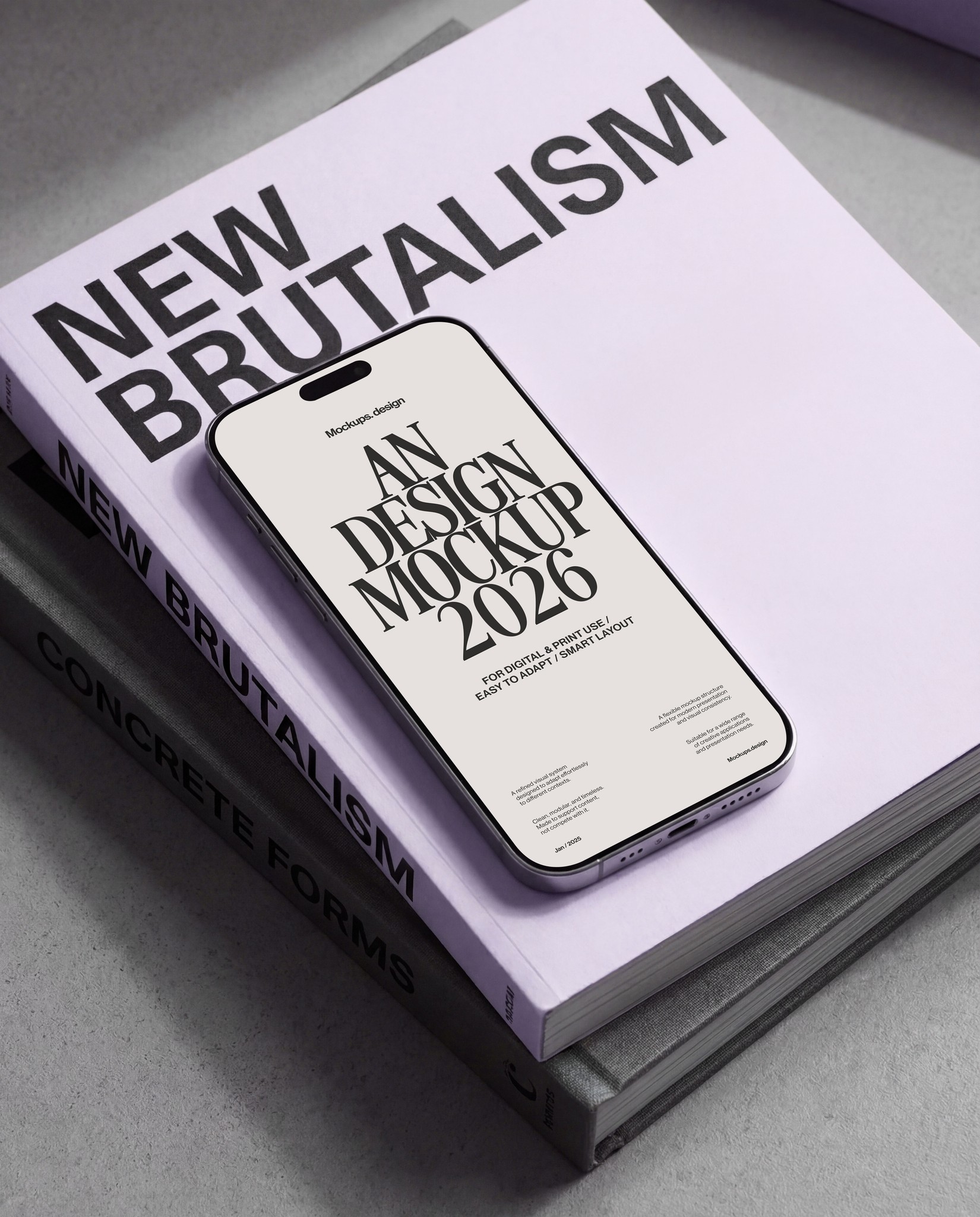 iPhone 16 mockup resting on book, casual flat lay scene
