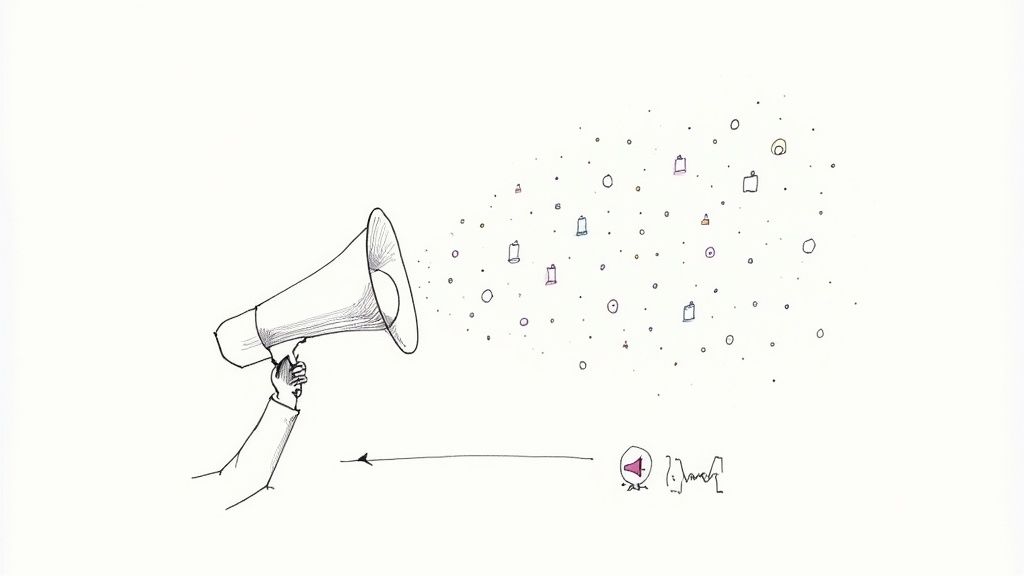 A hand holding a megaphone broadcasting a cloud of diverse messages and small shapes.