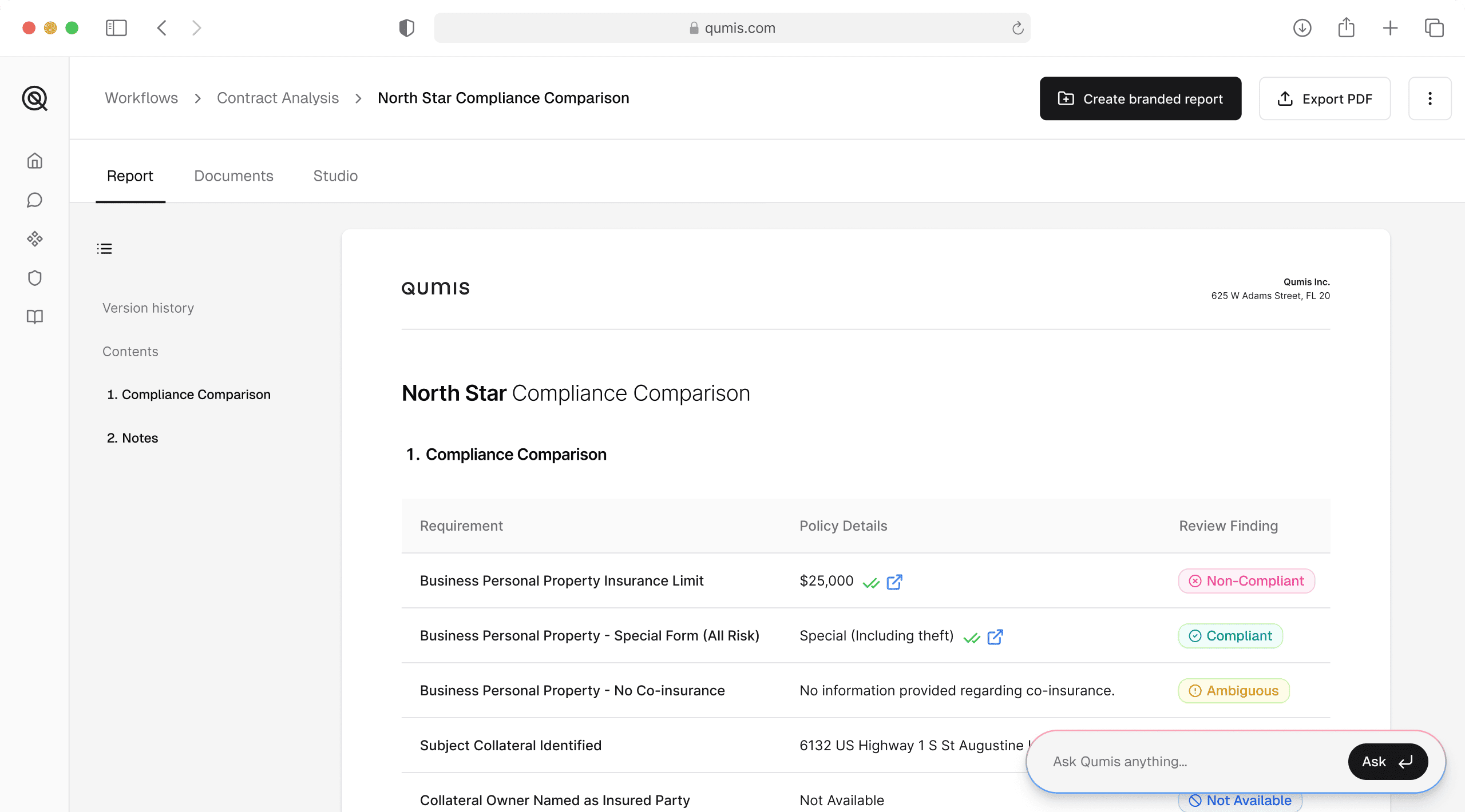 Qumis Verify tool flagging discrepancies between an issued insurance policy and the original binder terms