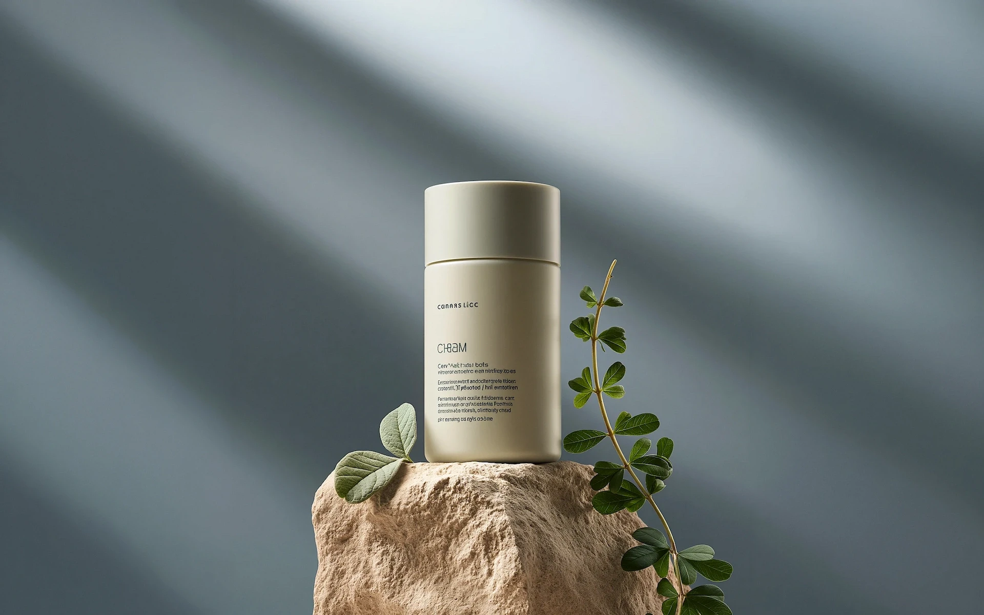 Minimalist skincare bottle on a rough rock plinth, flanked by green leaves against a soft, shadow-draped gray background.