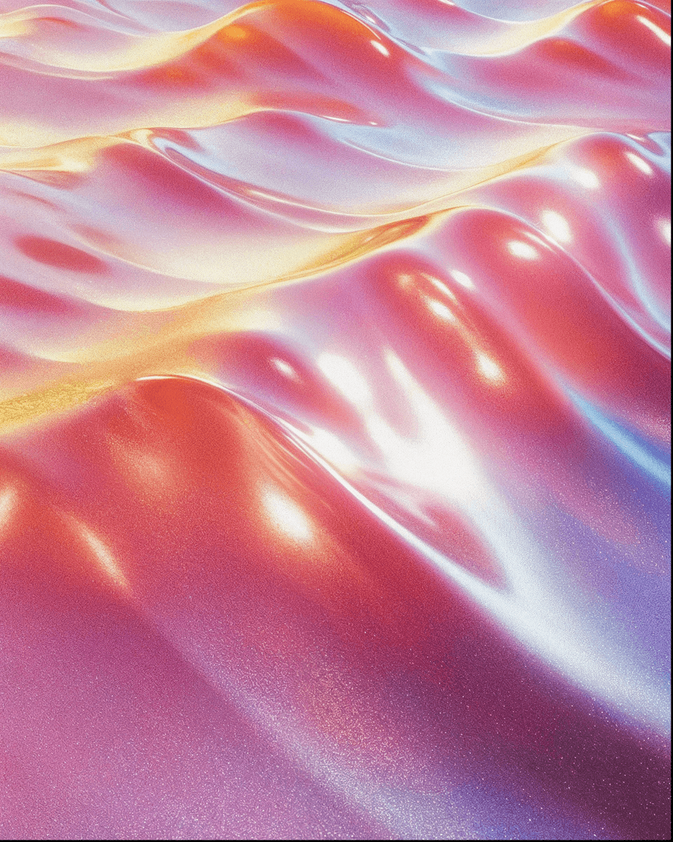 Abstract image of shiny, fluid-like waves in pastel hues of pink, purple, and yellow. The smooth, reflective surfaces create a calming, dreamy atmosphere.