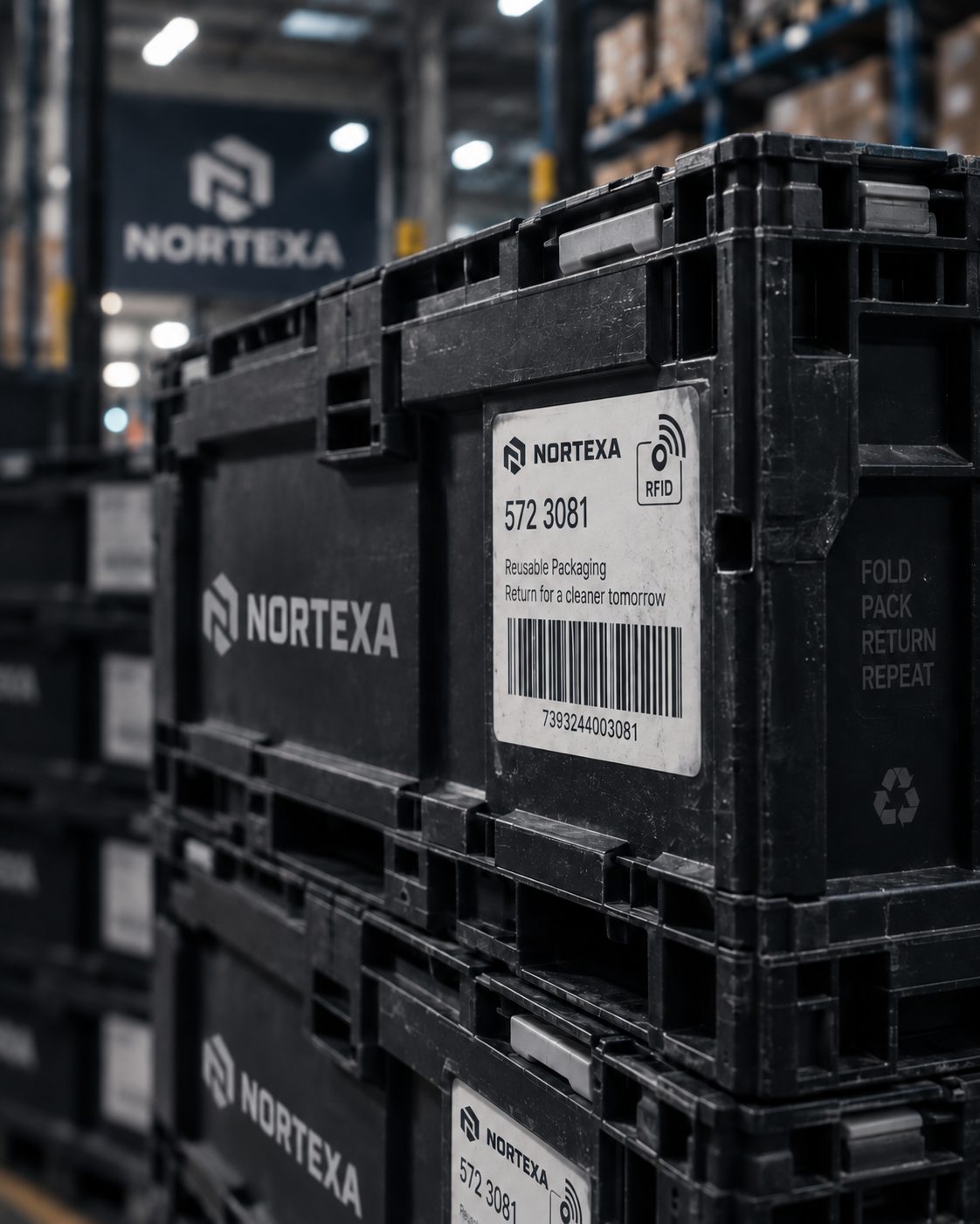RFID label on a stack of folding crates