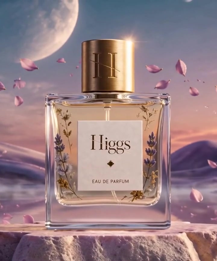 Premium perfume product hero concept for fictional Higgs product