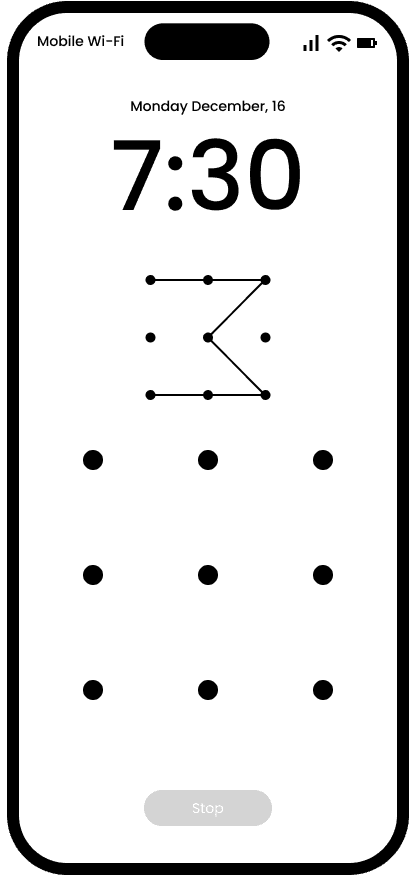 Wireframe of the initial wake up screen for Cognitive Alarm