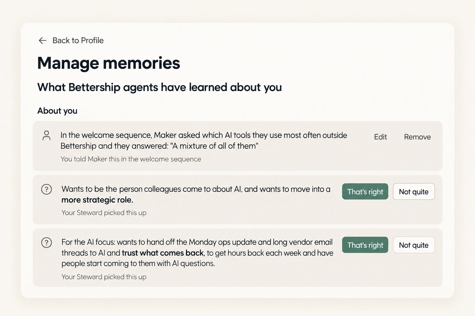 Settings, Manage memories: what the Bettership agents have learned about you, with Edit and Remove