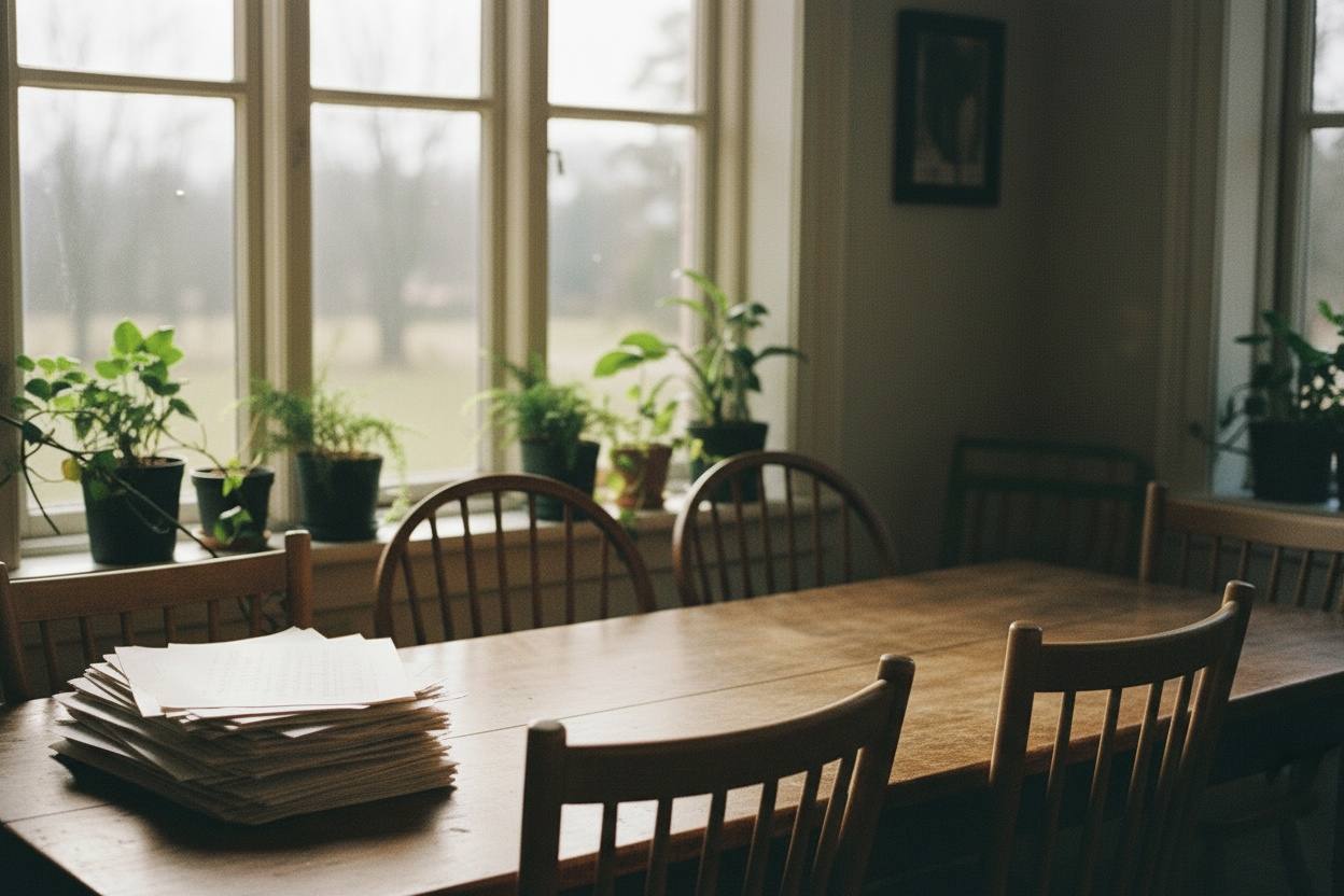 A long table with five chairs and a stack of annotated pages by a window.