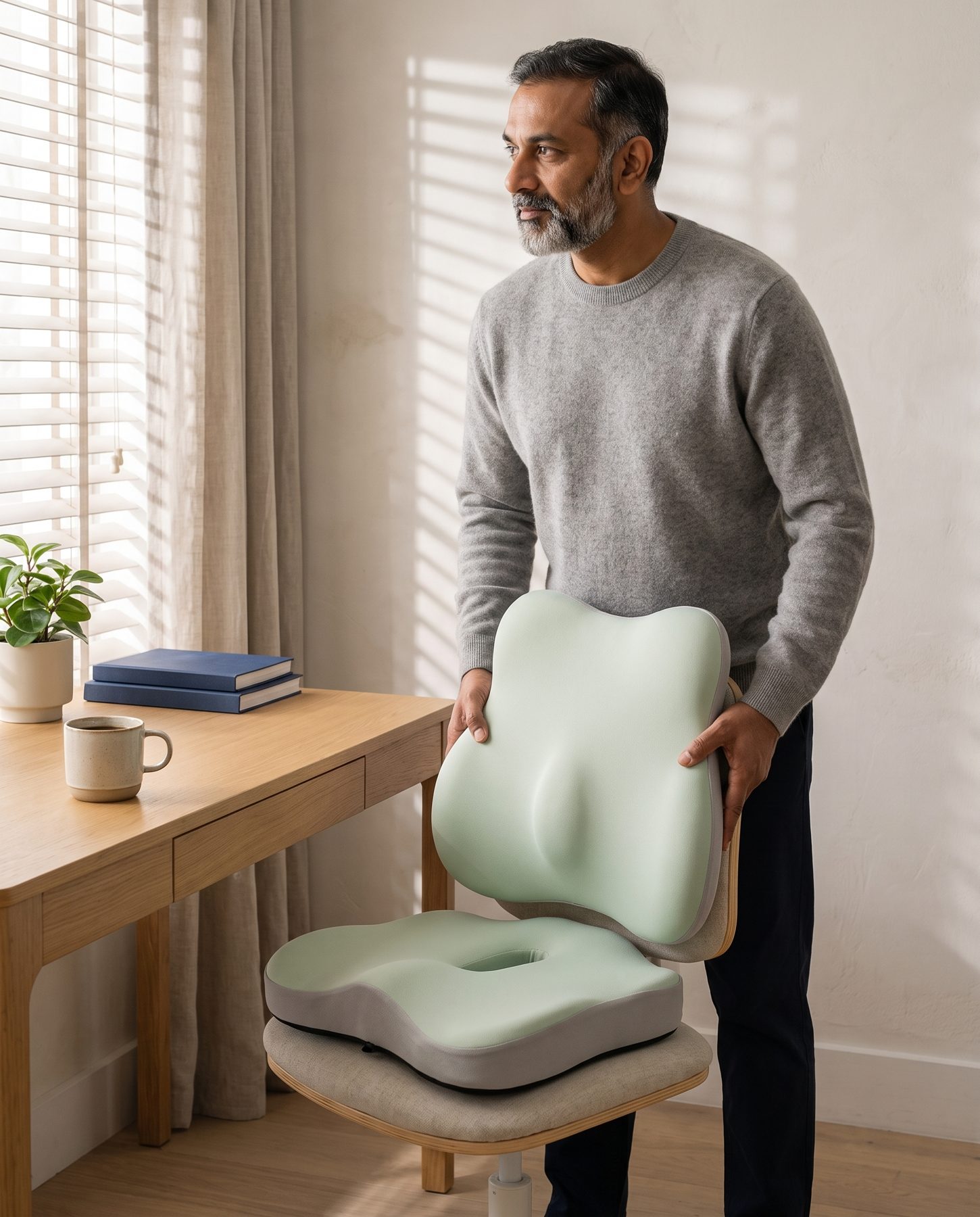 9 a.m.: seat cushion in place, lumbar cushion set at lower-back height.
