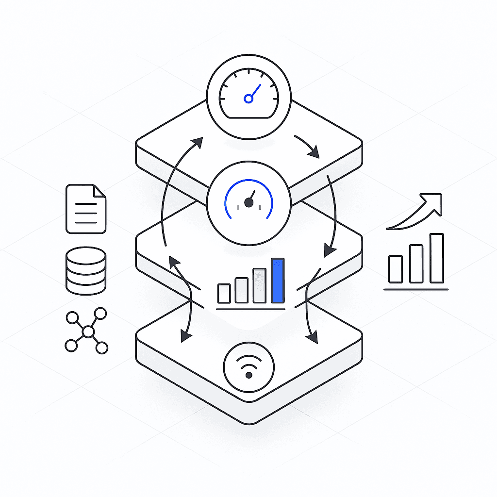 Three-layer diagram of GEO inputs, key metrics, and resulting business impact