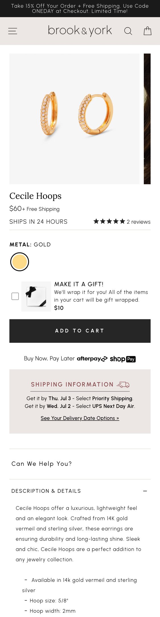 Jewelry product options include: earring for Cecile Hoops from Brook & York.