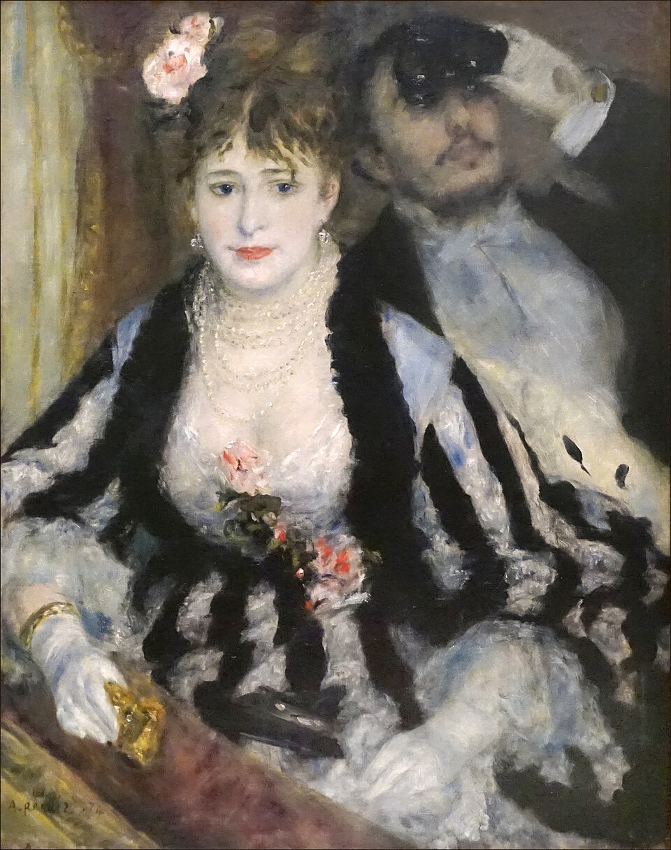 A closeup of the painting "La Loge" by Pierre-Auguste Renoir, which depicts depicts a young couple in a box at the Paris theatre.