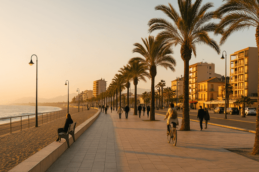 Promenade de bord de mer avec palmiers au coucher du soleil, Espagne élégante avec passants et cycliste.