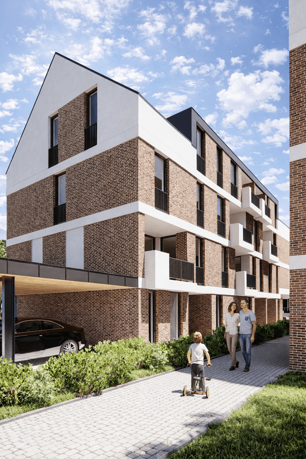 Moderne Architektur des Neubauprojekts Urban711 in der Bahnhofstraße 31 in Remshalden. Zu sehen ist ein Gebäude mit weißer Putz- und Klinkersteinfassade, großen Fenstern und Balkonen bei strahlendem Sonnenschein.