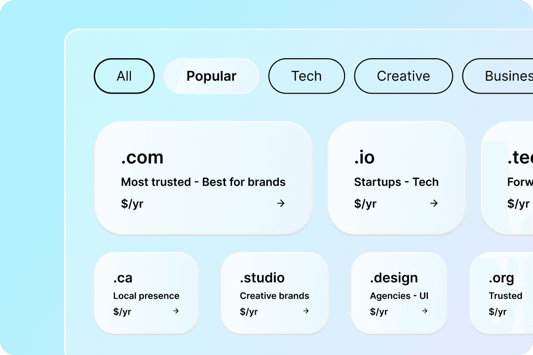 A screen with multiple pill boxes with various TLD extensions and prices.