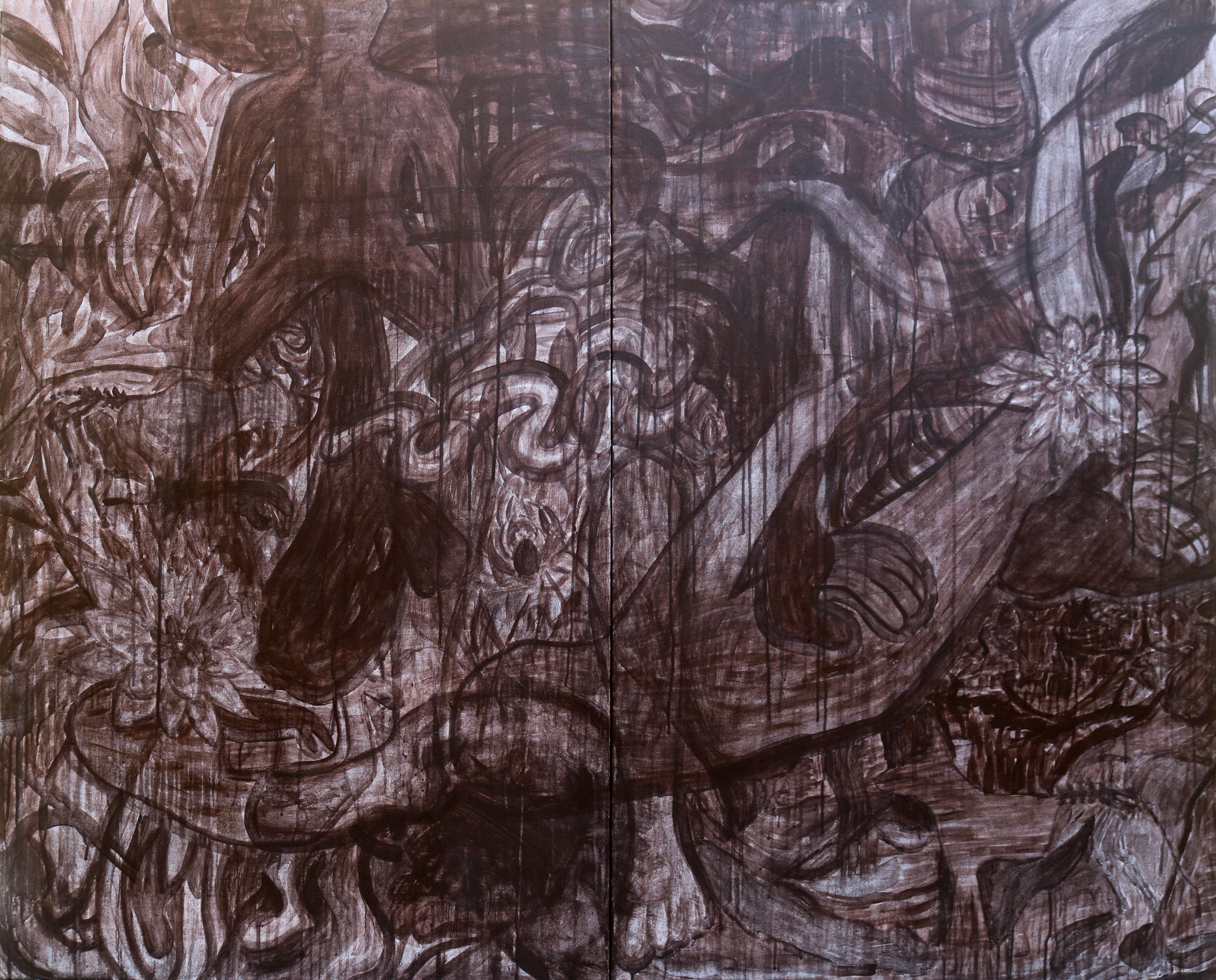 herd of sheep on road painting