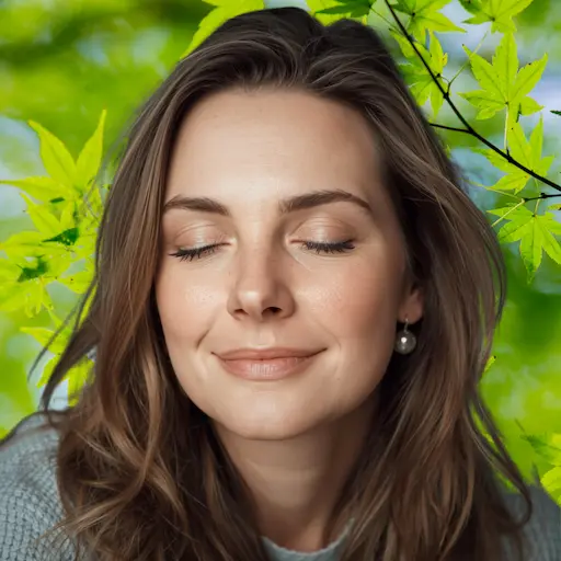 Zrelaksowana kobieta z zamkniętymi oczami na tle zielonych liści, symbol ulgi w napięciach po masażu transbukalnym.