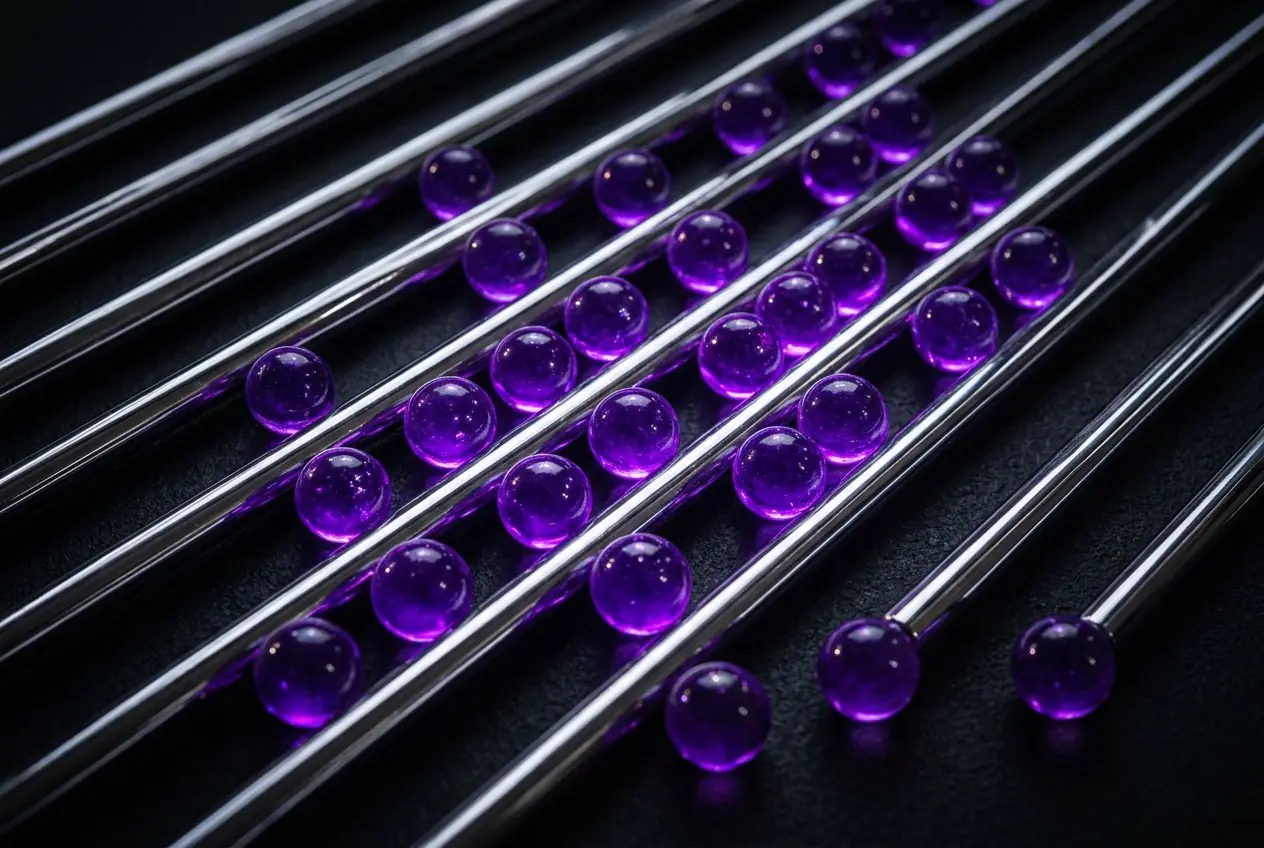Rows of glass rods threaded with violet beads