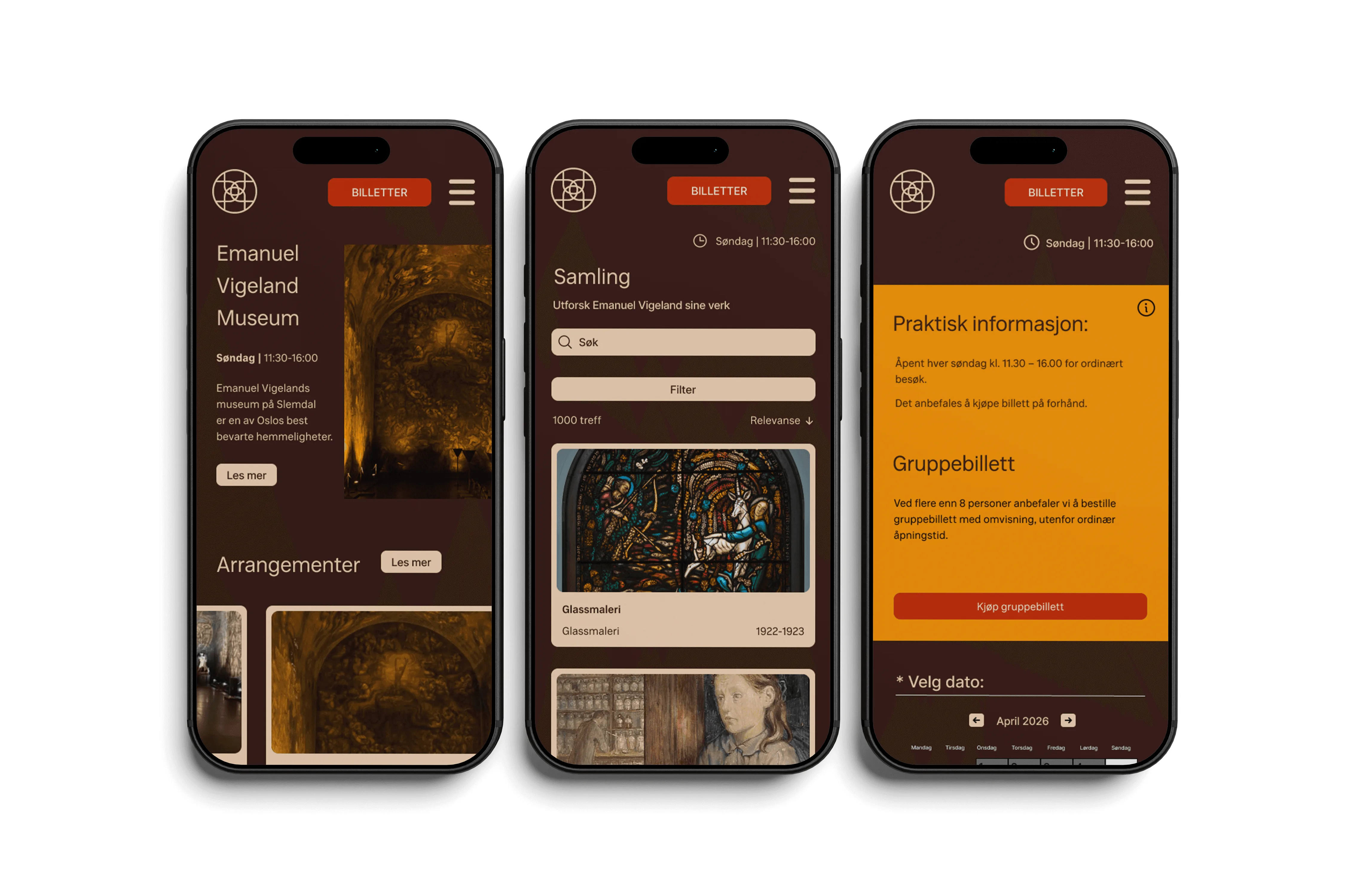 mobil nettside mockup for museums nettside, tre telefoner liggende vedsiden av hverandre