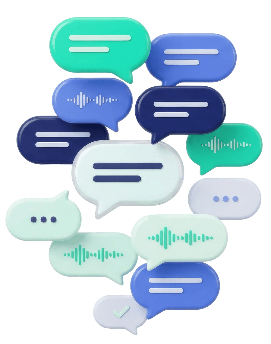 Illustration mit Sprechblasen und Audiosignalen für KI-moderierte Interviews