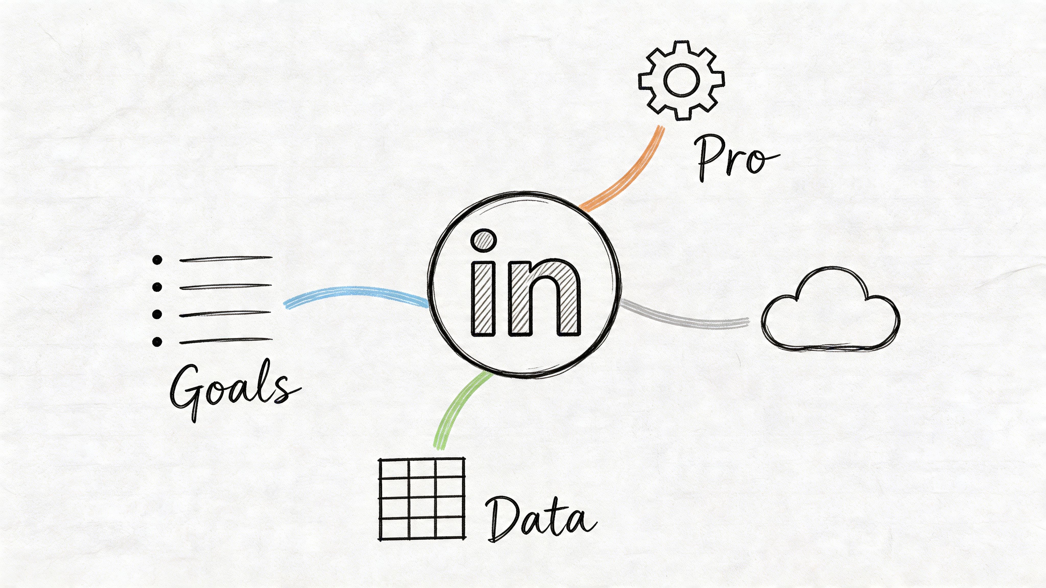 A hand-drawn mind map centered on a LinkedIn icon branching out to goals, professional settings, data, and cloud.