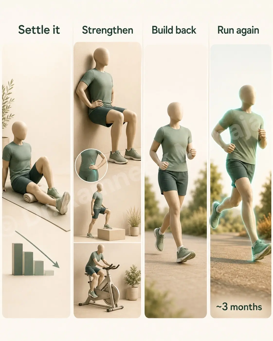 Runner's knee recovery is active work over weeks to about three months: settle it, strengthen, build back, then run again.
