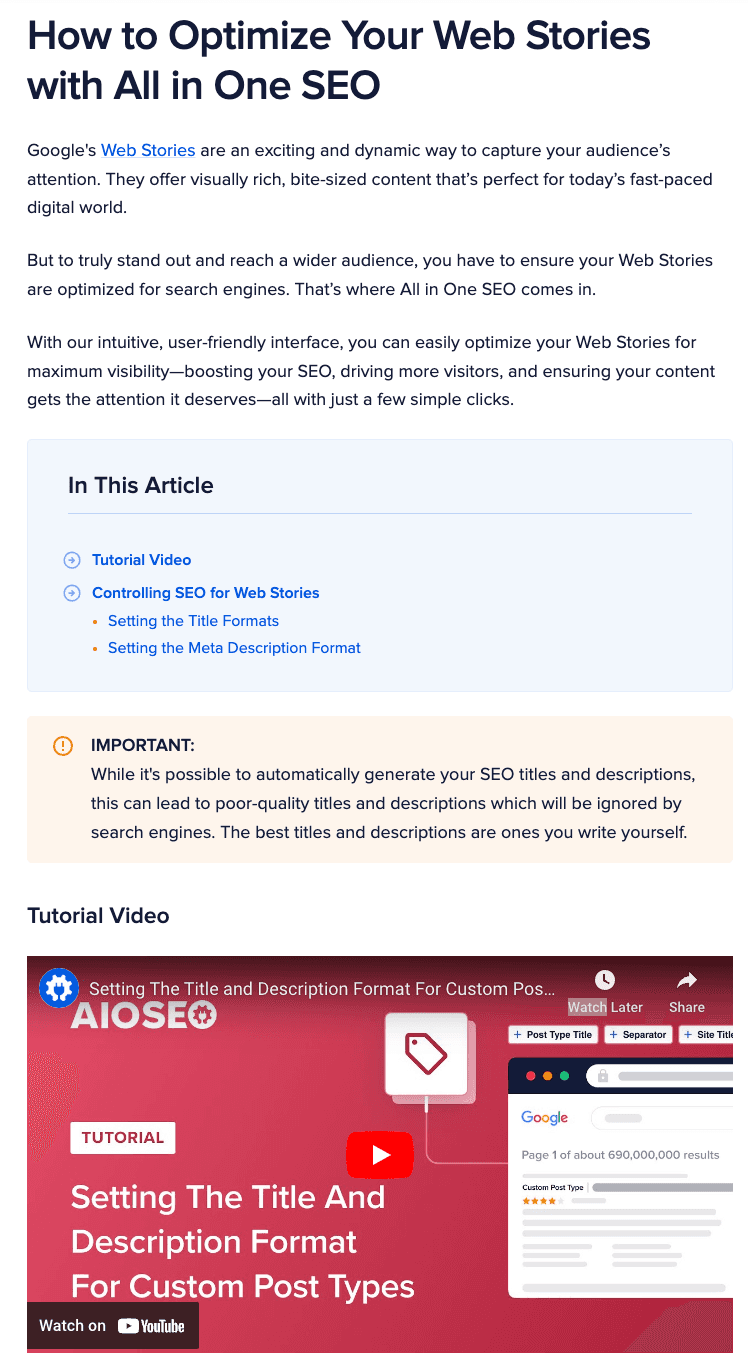 A screenshot of AIOSEO's "How to Optimize Your Web Stories with All in One SEO" page