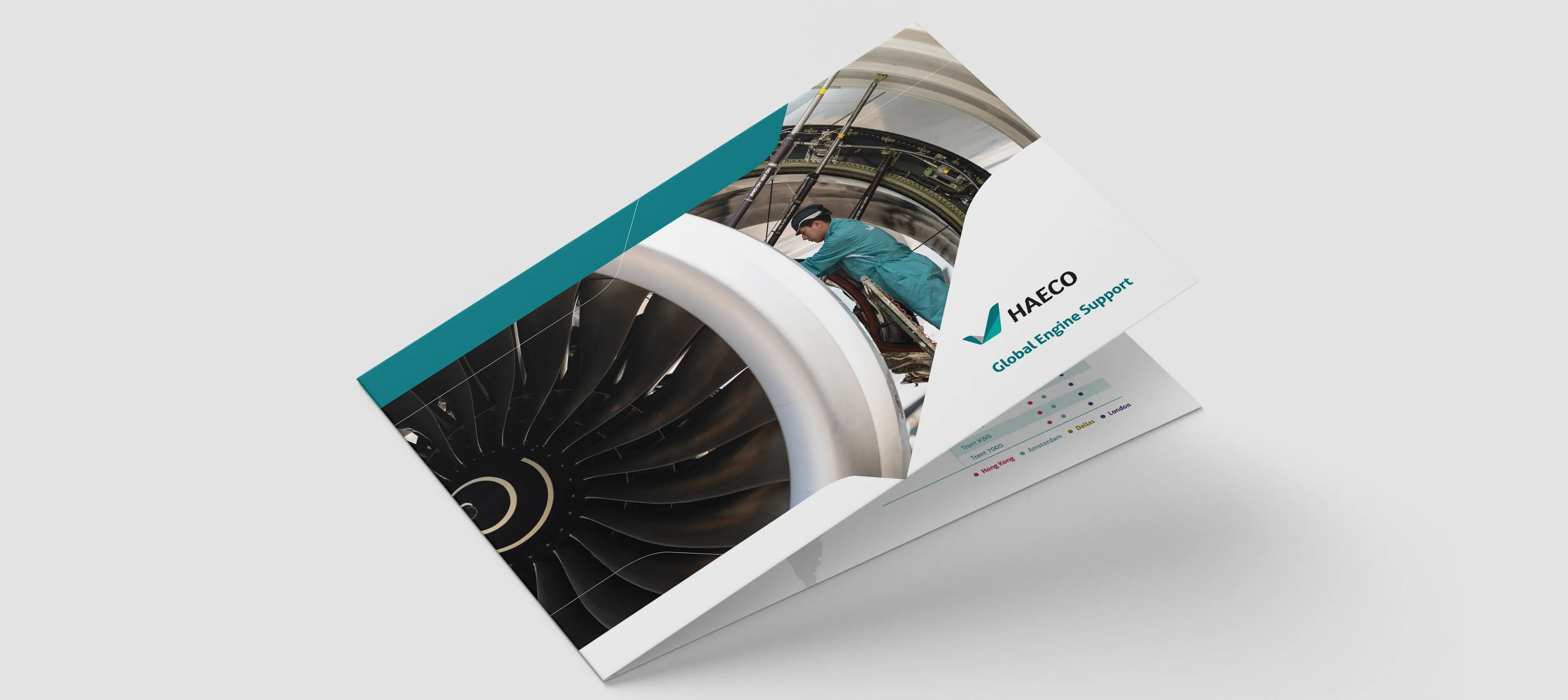 HAECO visual design application mockup – brochures, posters, and digital assets in deep blue palette with aircraft motifs by Teatime Studio.