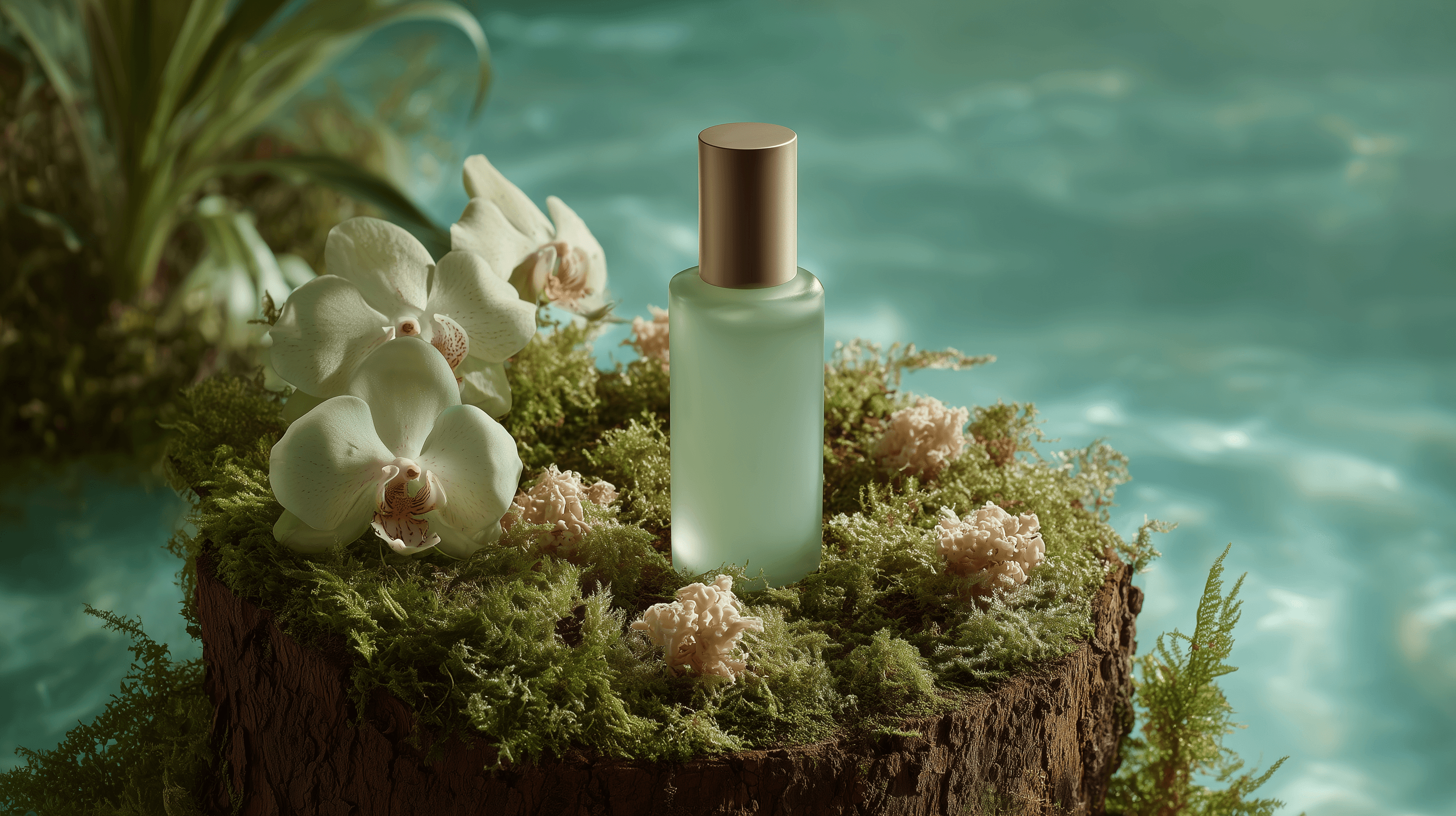 Frosted green bottle on moss with white orchids.