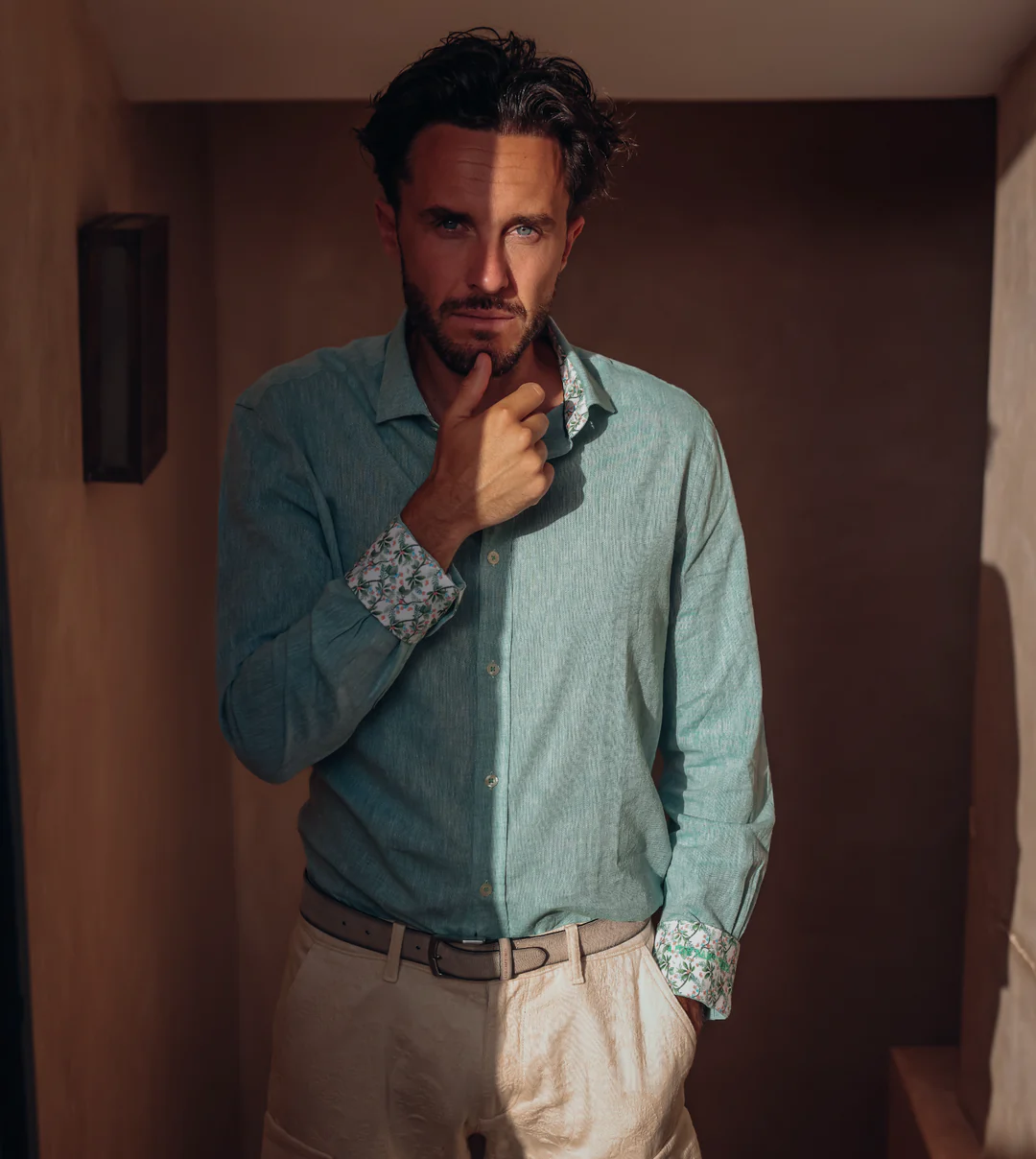 Picture of a model modeling a fish named fred clothing