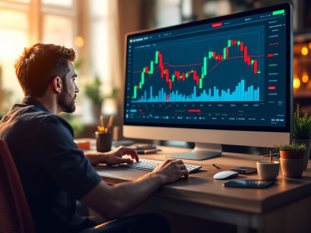 A man sits at his desk looking at a computer screen displaying a stock market graph.