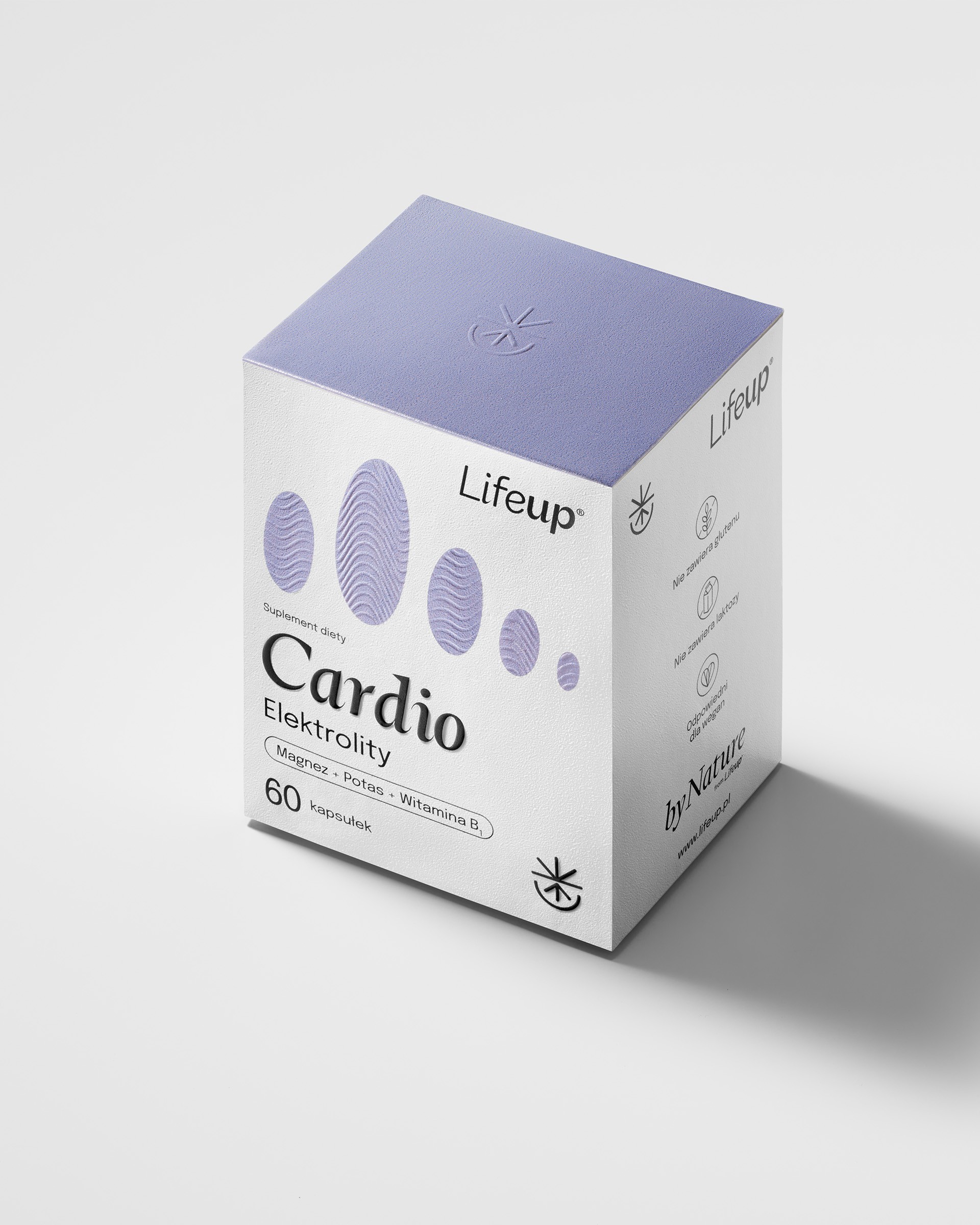 Lifeup® Cardio electrolytes box with violet embossed waves and lilac top, packaging design
