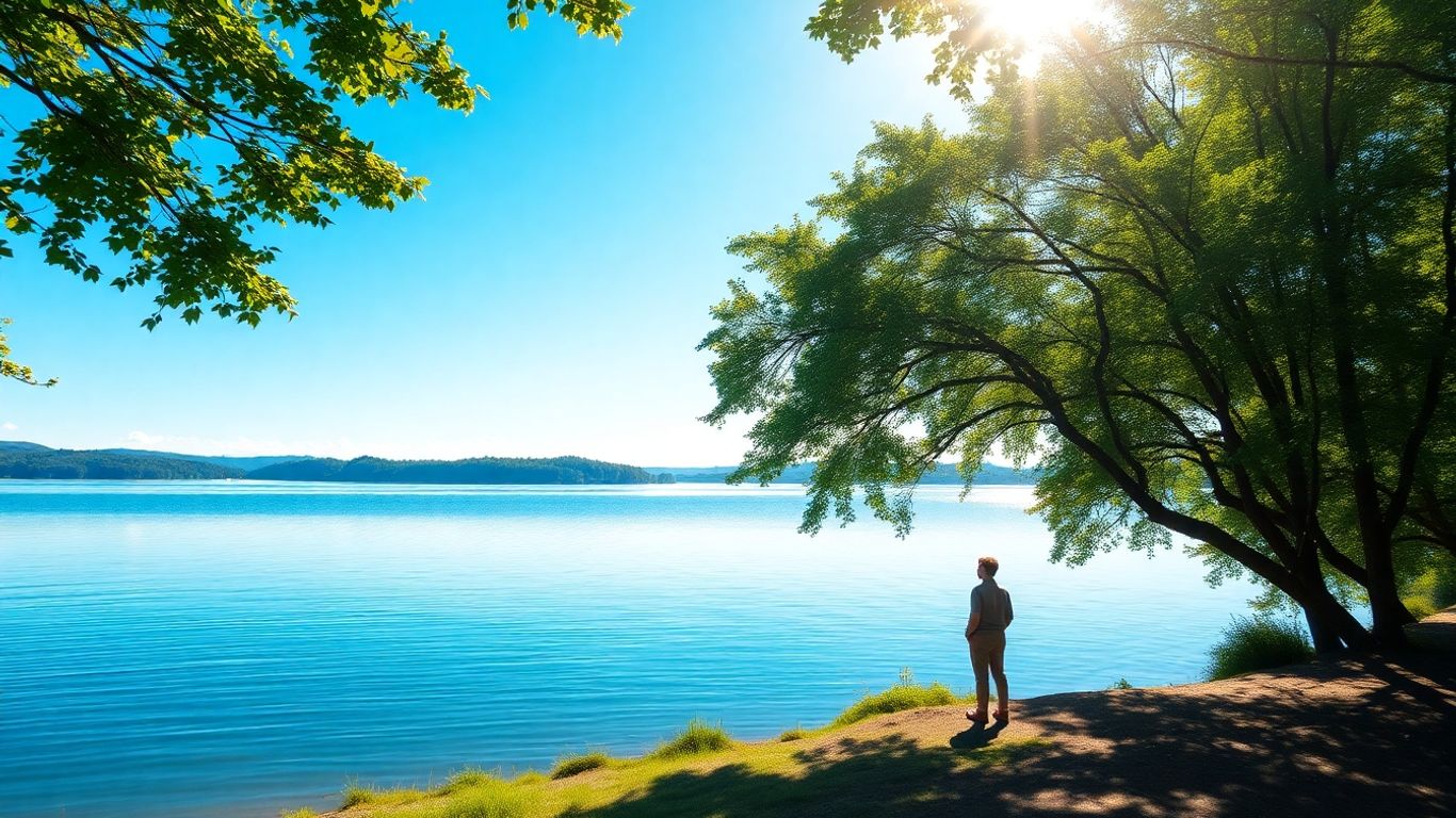 Calm lake reflecting sky with a person looking towards horizon.