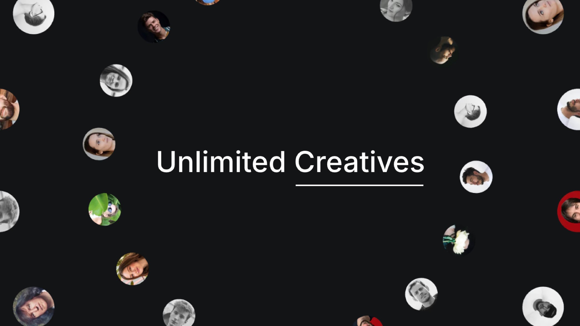 Graphic with 'Unlimited Creatives' text surrounded by circular profile photos of diverse individuals on a dark background