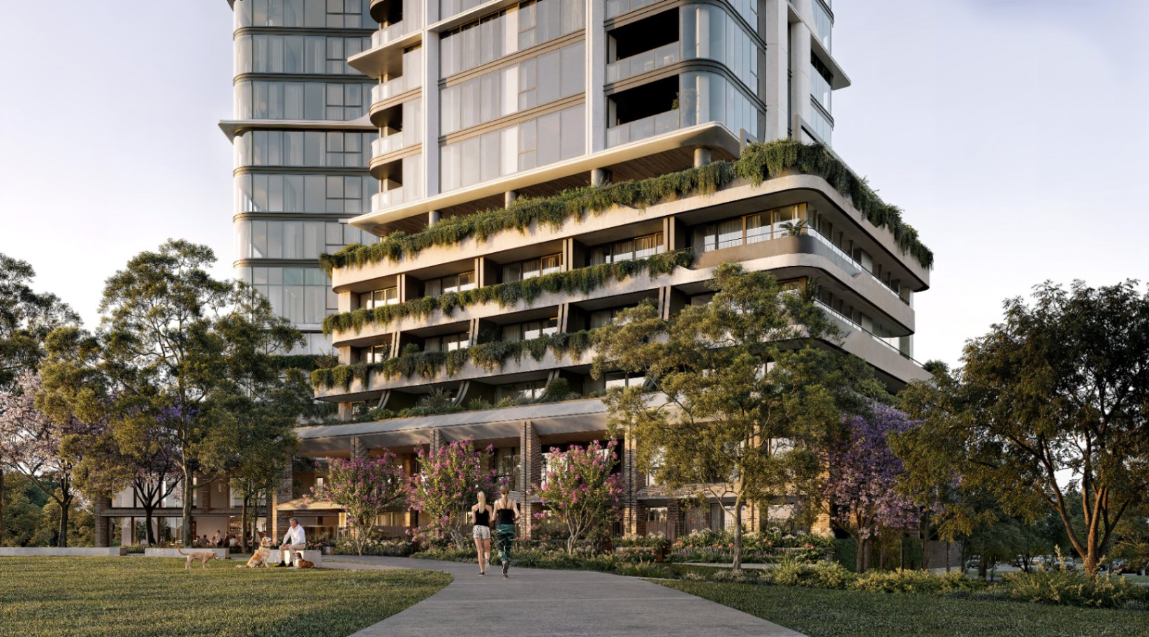 One Oval Subiaco exterior with landscaped podium and greenery, premium apartments in Perth available with $10k Coposit deposit