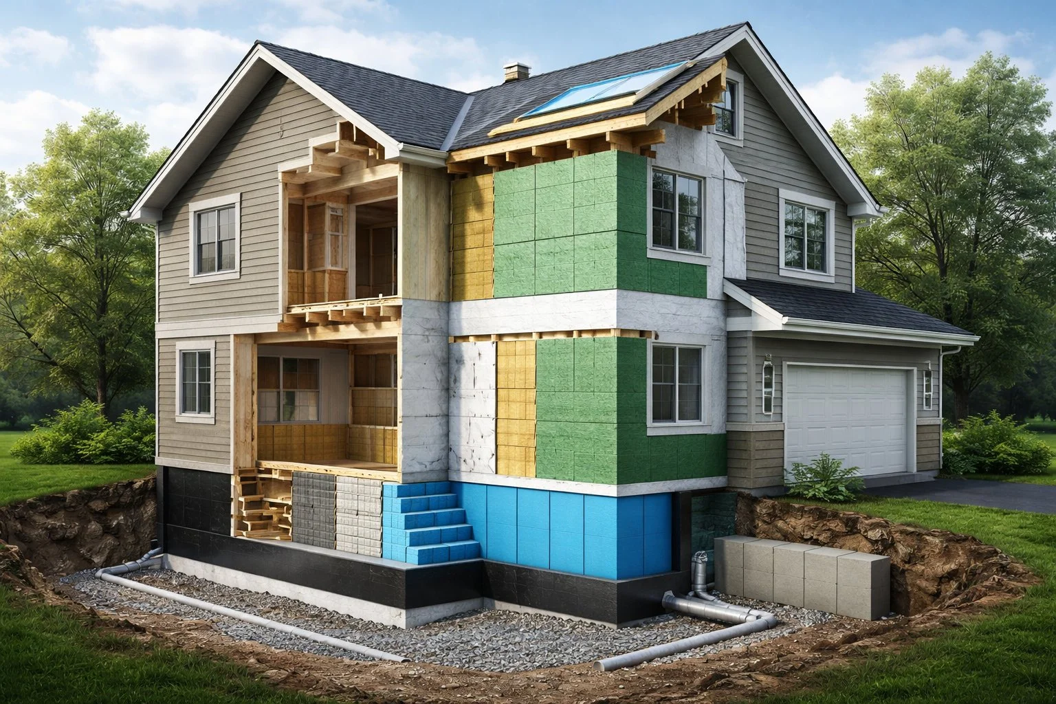 Photorealistic property gaining layered protective elements from foundation to exterior, illustrating step-by-step system implementation.