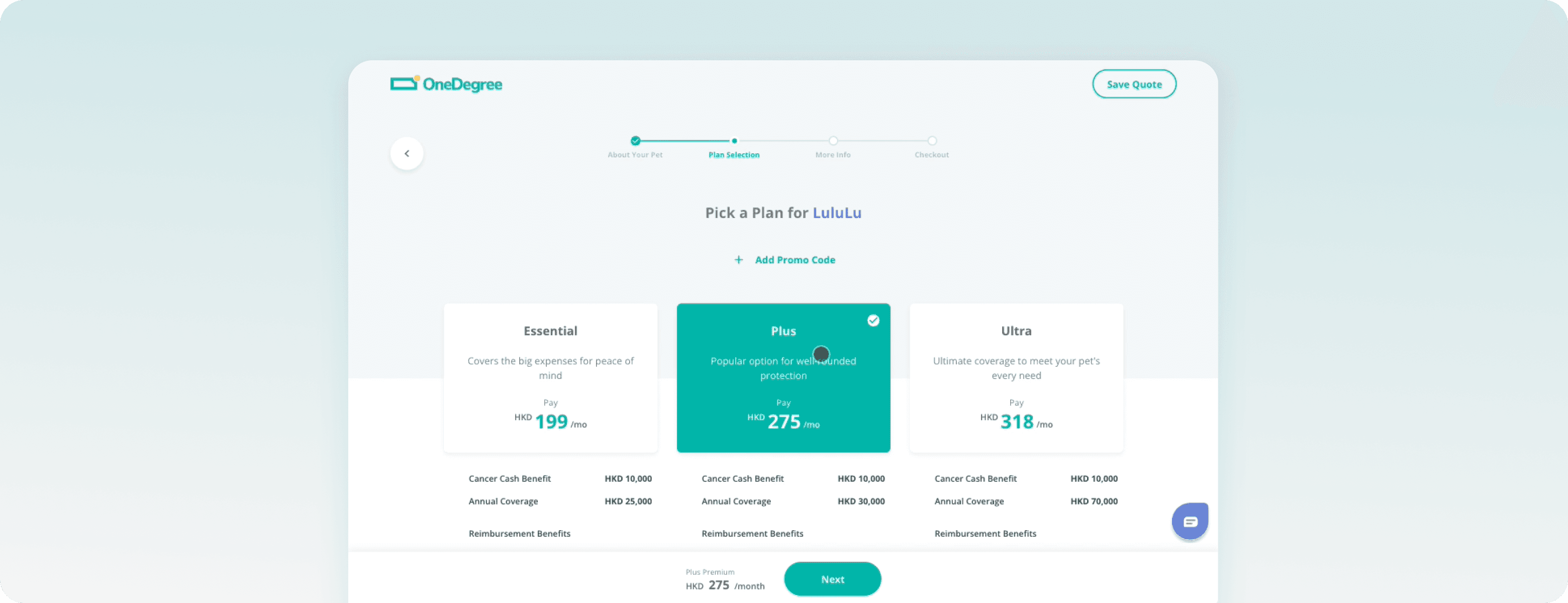 Plan selection interface in the virtual insurance purchase flow.