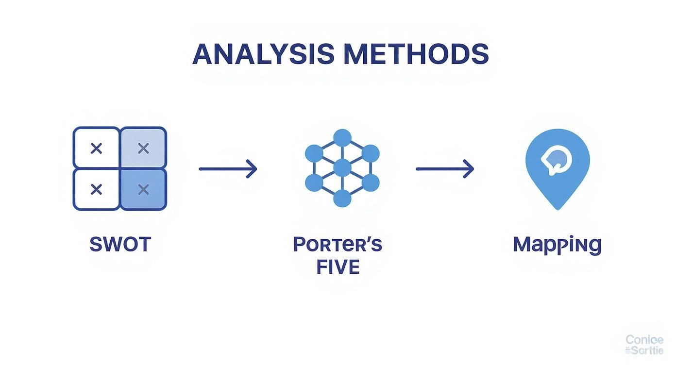 Infographic showing a process flow for competitor analysis methods including SWOT, Porter's Five Forces, and Mapping.