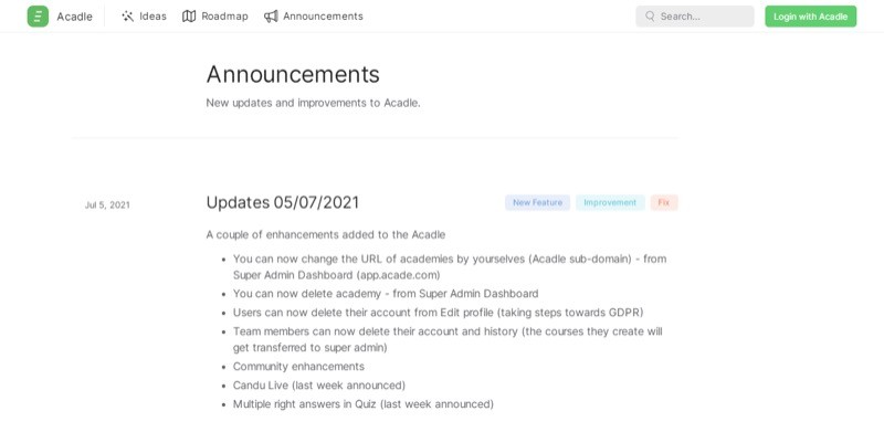 Acadle Announcements