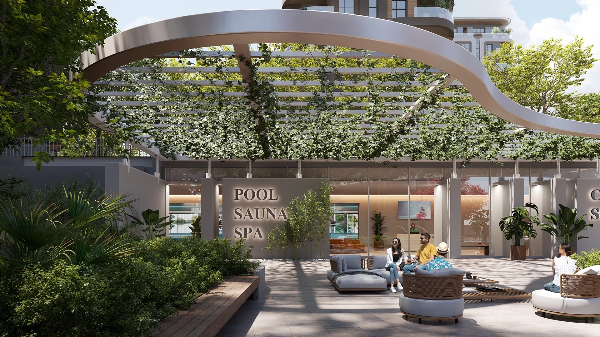 Courtyard living framed by pergola and landscaped terraces