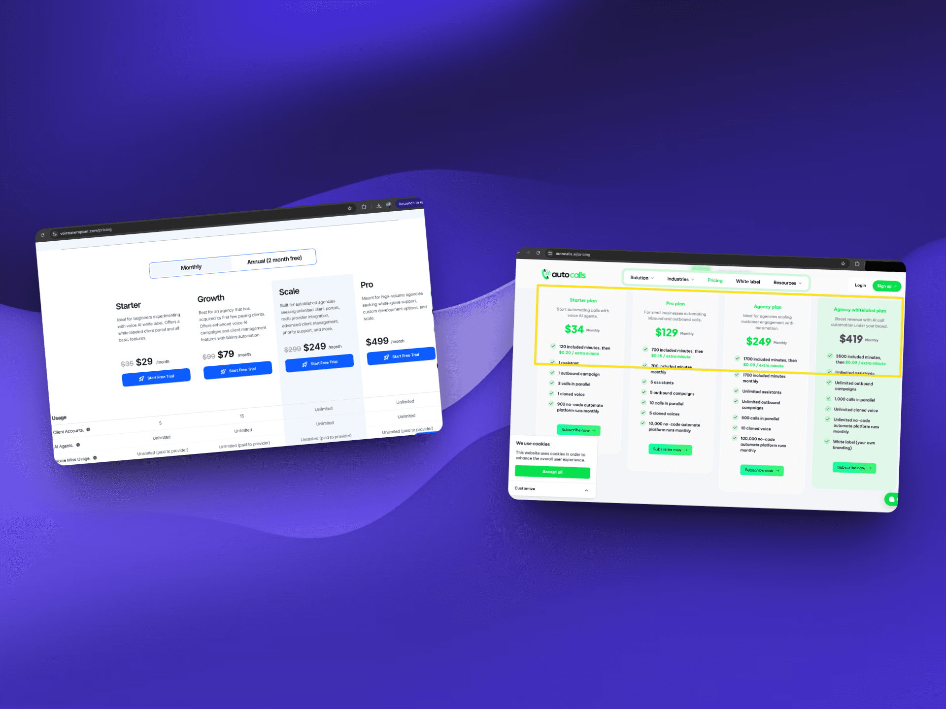 Looking for an Autocalls.ai alternative? VoiceAIWrapper pricing tables showcase flexible plans from $29-$499/month with unlimited calling, advanced integrations, white label options, and enterprise features not available in Autocalls.ai | VoiceAIWrapper