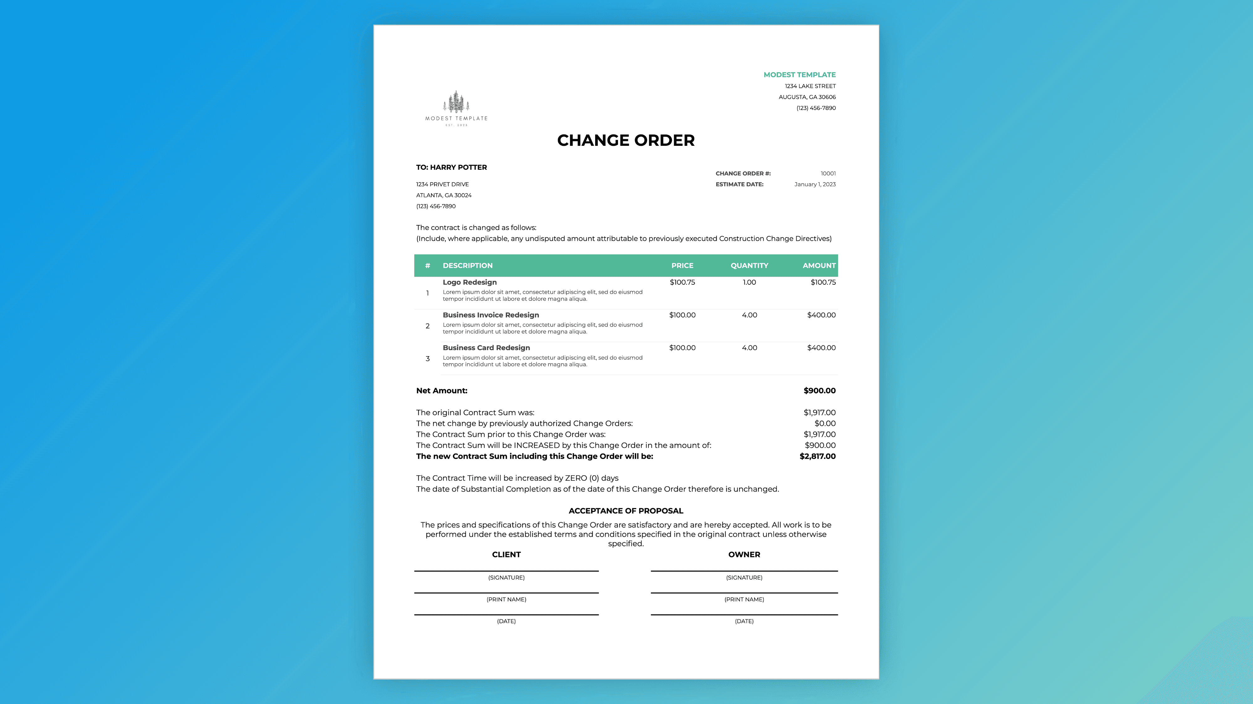 Change order template – description of changes, net amount, original contract sum, updated total, acceptance section, signature lines for owner and contractor, and date fields