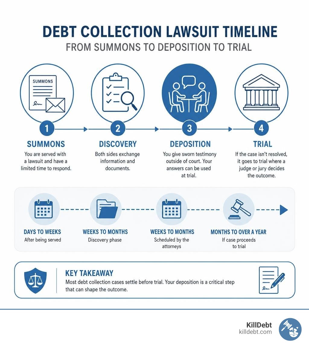 Debt collection lawsuit timeline from summons to deposition to trial infographic infographic